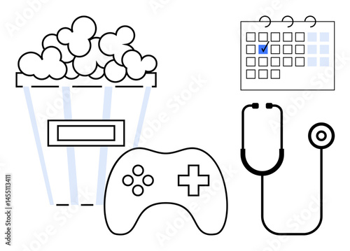 Popcorn bucket, video game controller, stethoscope, and marked calendar date combining leisure, health, and planning. Ideal for wellness, work-life balance, healthcare productivity lifestyle