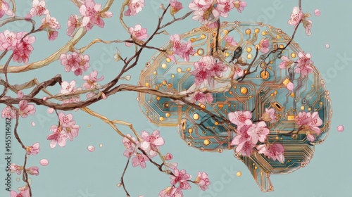 Delicate Blossoms Flourish Around Intricate Brain Circuitry Design