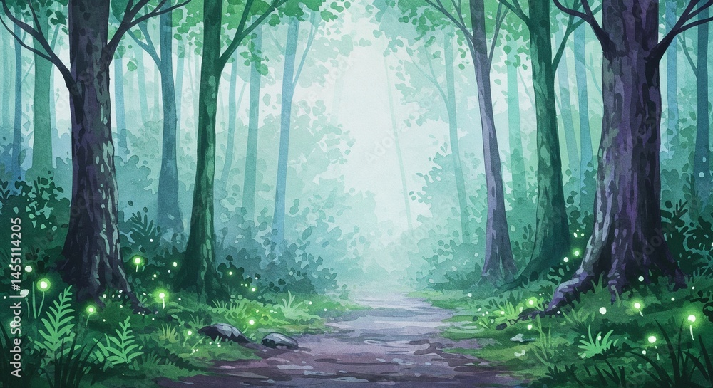 Fototapeta premium Lush forest pathway leading into bright mystical woods 