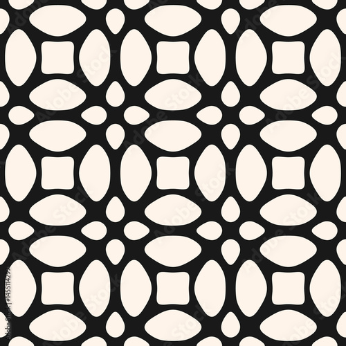 Vector black and white floral ornament texture. Abstract geometric seamless pattern with flower silhouettes, leaves, grid, lattice, mesh. Simple background in oriental style. Repeating modern design