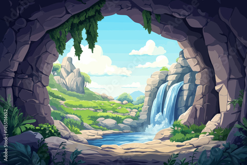 Vivid colors and intricate details in a modern illustration bring the jungle to life on canvas, complete with a background river in a flat cartoon design