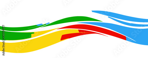 A modern illustration isolates abstract wavy stripes of Olympic games colors on a transparent background
