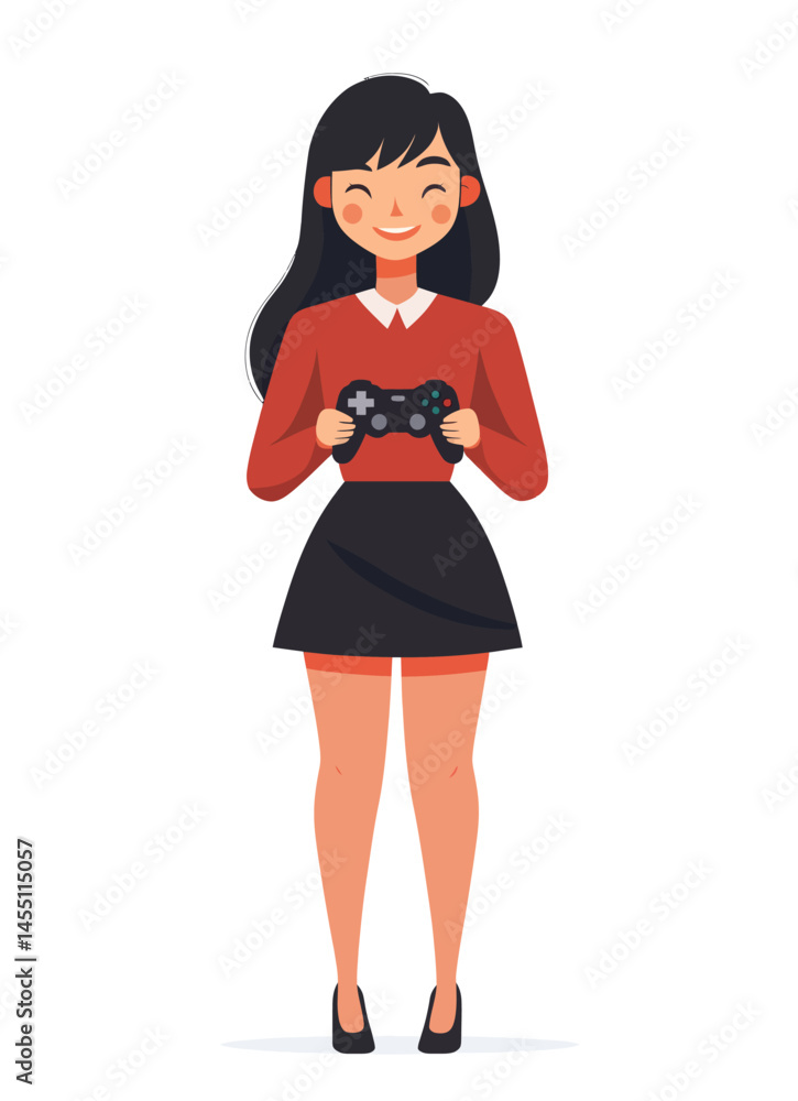In a flat design, modern art portrays a young woman holding a game controller In a flat design, modern art portrays a young woman holding a game controller