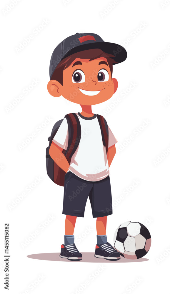 Obraz premium In a work of flat modern art, a young boy is shown standing with a soccer ball