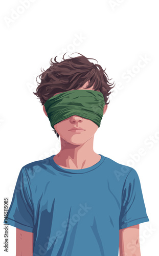 In a modern illustration with a minimal flat design style, a boy is shown standing with a green blindfold and a neutral expression