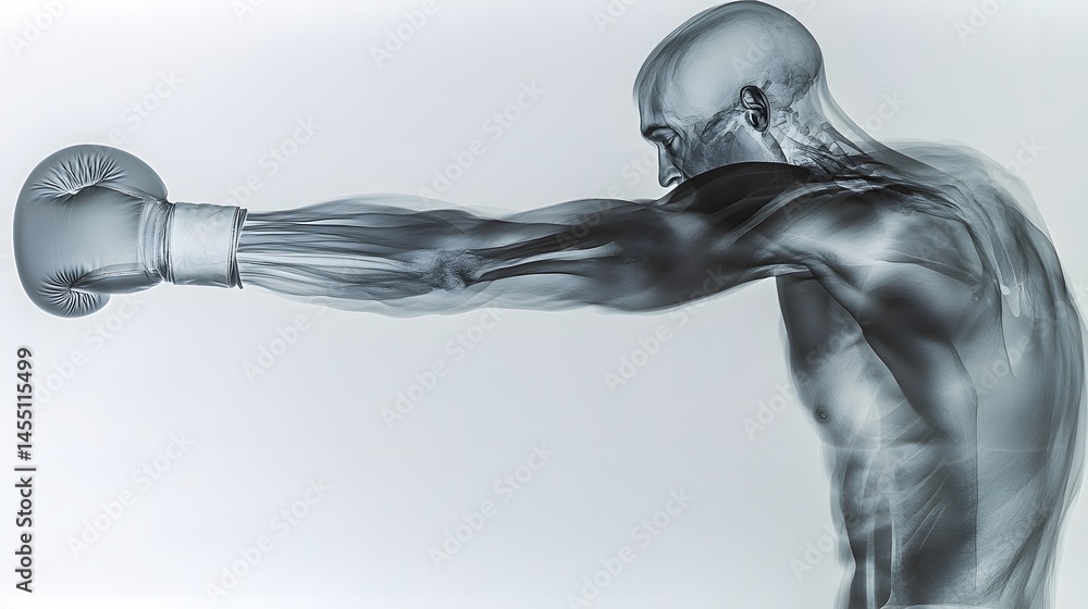Obraz premium X-Ray of Boxer Throwing Punch: An X-ray image of a boxer throwing a punch, focusing on the muscles and bones in the arm and shoulder as they move. 