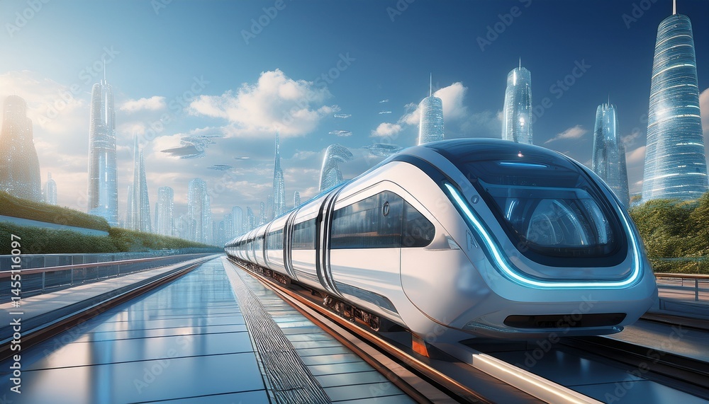 Fototapeta premium futuristic transit station platform automated train city view travel