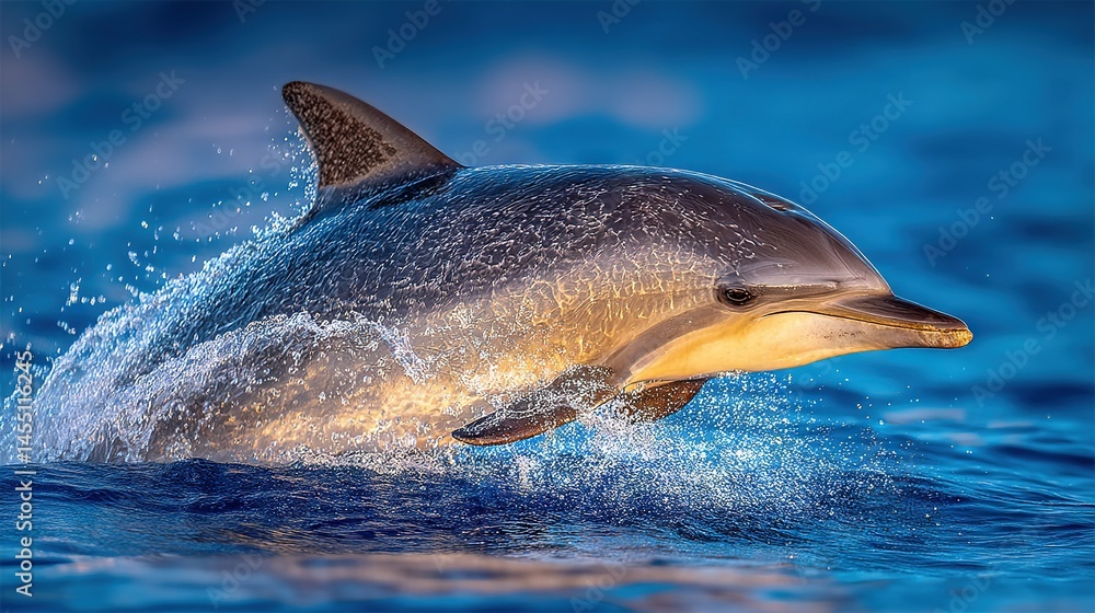 Fototapeta premium A dolphin jumps out of the water, mouth open, head above
