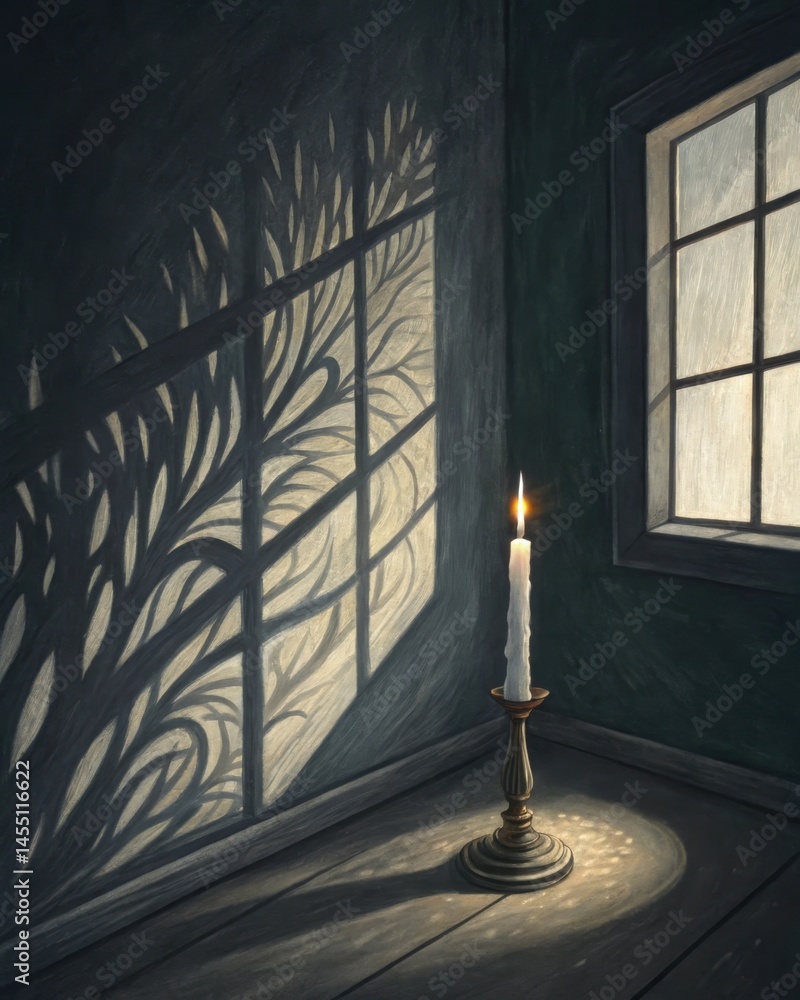 A candle flickers in a dark room casting shadows that dance on the walls symbolizing how light wisdom emerges from the depth of darkness pain.