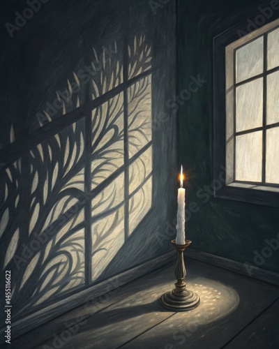 Obraz na płótnie A candle flickers in a dark room casting shadows that dance on the walls symbolizing how light wisdom emerges from the depth of darkness pain. w salonie