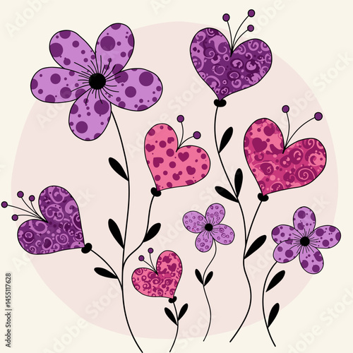 Whimsical Floral Heart Garden: Charming floral arrangements featuring hearts and flowers in a delightful and colorful illustration style. 