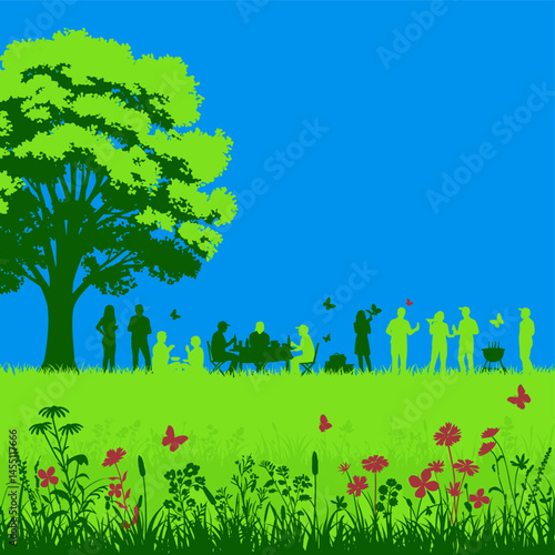 Summer Gathering: A vibrant silhouette illustration of a group of people enjoying a summer picnic under a tree, symbolizing warmth, community and carefree moments in the great outdoors. 