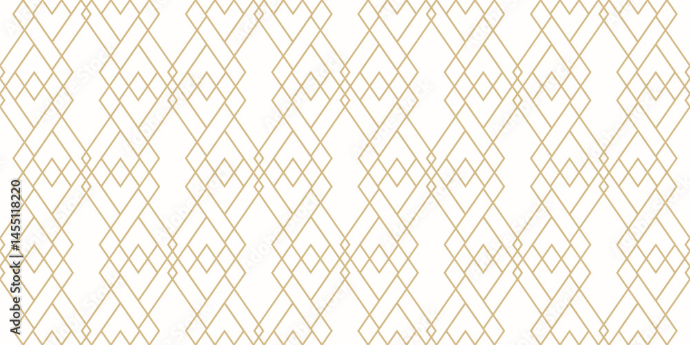 Naklejka premium Golden vector geometric lines ornament. Luxury minimalist seamless pattern with diamonds, outline rhombuses, linear grid. Minimal abstract white and gold background. Art deco style. Trendy geo design