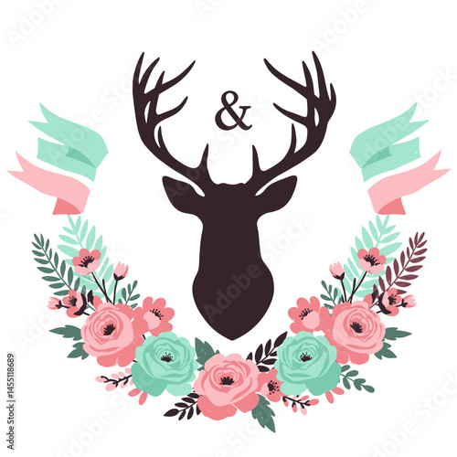 Elegant Deer Silhouette Embellished by Floral Design: Capturing the essence of nature through the graceful silhouette of a deer, this image integrates an artful arrangement of flowers and ribbons.
