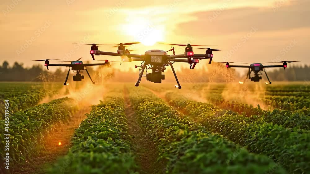 Three Drones Spraying Pesticides in Field at Sunset Three Drones Spraying Pesticides in Field at Sunset