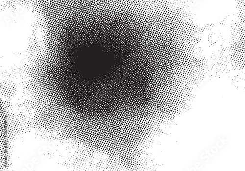 A grayscale gradient transitions from dense black dots to sparse white dots creating a dynamic circular effect.