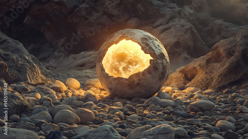 Wallpaper Mural A sunlit, mystical orb encased within a fractured stone, nestled amidst a bed of pebbles and rocks. [Hollow Monoliths] | Stone Riddles | cryptic slabs. Illustration Torontodigital.ca