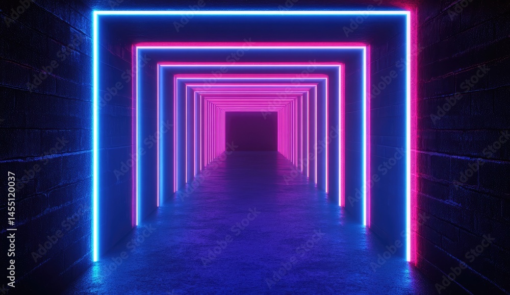 Fototapeta premium Neon tunnel, glowing vibrant pink and blue rectangles, dark gray concrete walls