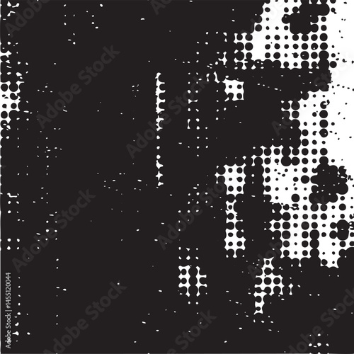 A blurred monochrome portrait showcases a partial human face amidst an array of scattered dots.