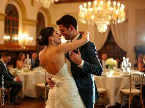Obraz na płótnie A bride and groom are dancing at a wedding reception. The bride is wearing a white dress and the groom is wearing a blue suit. The room is decorated with tables and chairs w salonie