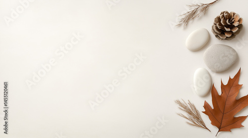 Minimal Flat Lay of Autumn Leaves, Stones, and Pinecones on White Background

