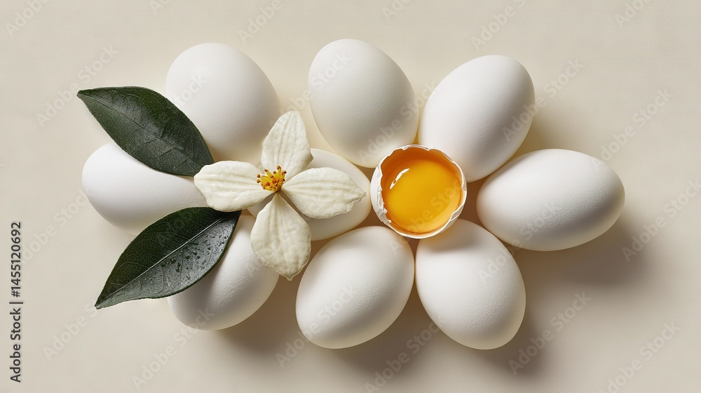 A photo of a collection of eggs in their shells, arranged on a white backdrop, beside a flower, with a single green leaf resting atop A photo of a collection of eggs in their shells, arranged on a white backdrop, beside a flower, with a single green leaf resting atop