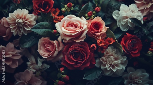 Luxurious floral arrangement.  A rich tapestry of various flowers in warm tones of red, pink, and white, nestled amongst dark, lush greenery.  