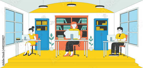 Woman Working from Home on Laptop, Cozy Home Office and Remote Work Concept Illustration 
