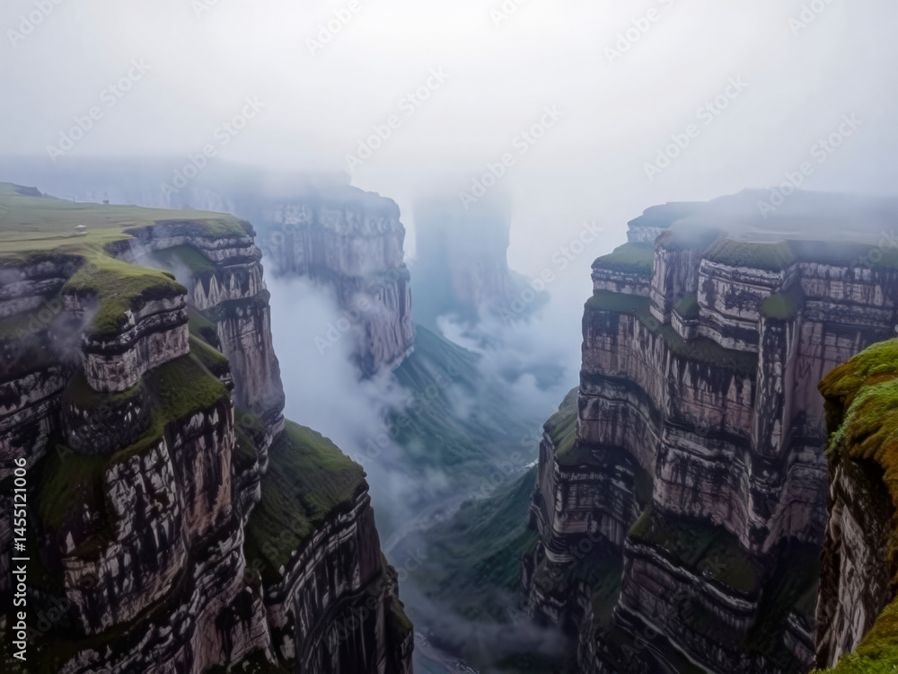 A mountain range with a foggy sky and a green grassy area. The mountains are covered in moss and the sky is cloudy