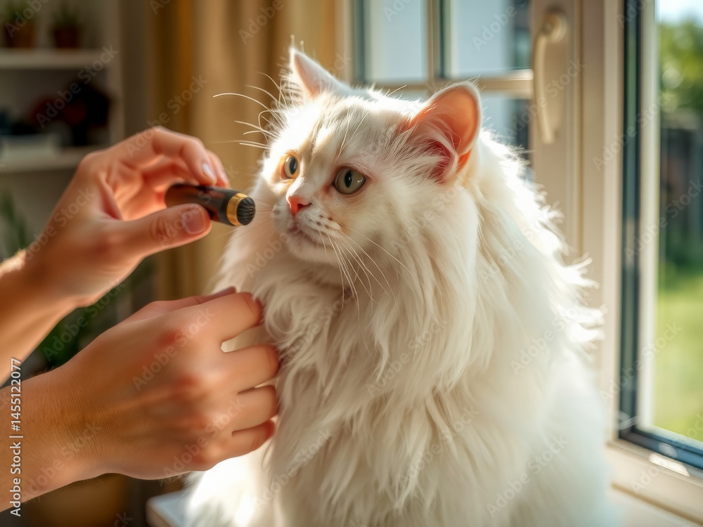 A person is grooming a white cat with a brush. The cat is sitting in front of a window