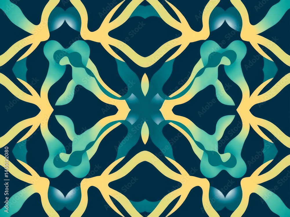 A colorful abstract design with a blue and yellow background. The design is made up of many small shapes and lines