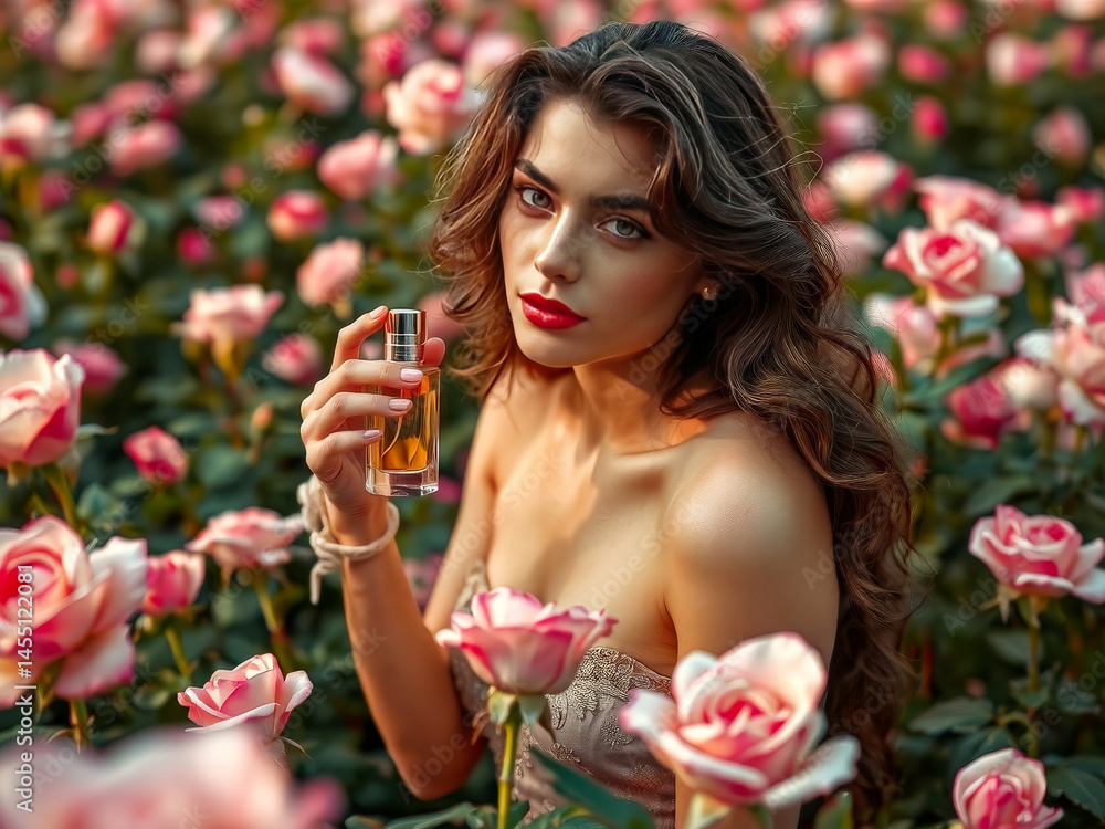 A woman is sitting in a field of pink roses, holding a bottle of perfume. Concept of beauty and femininity, as the woman is surrounded by the delicate and romantic flowers