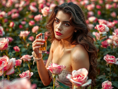 A woman is sitting in a field of pink roses, holding a bottle of perfume. Concept of beauty and femininity, as the woman is surrounded by the delicate and romantic flowers