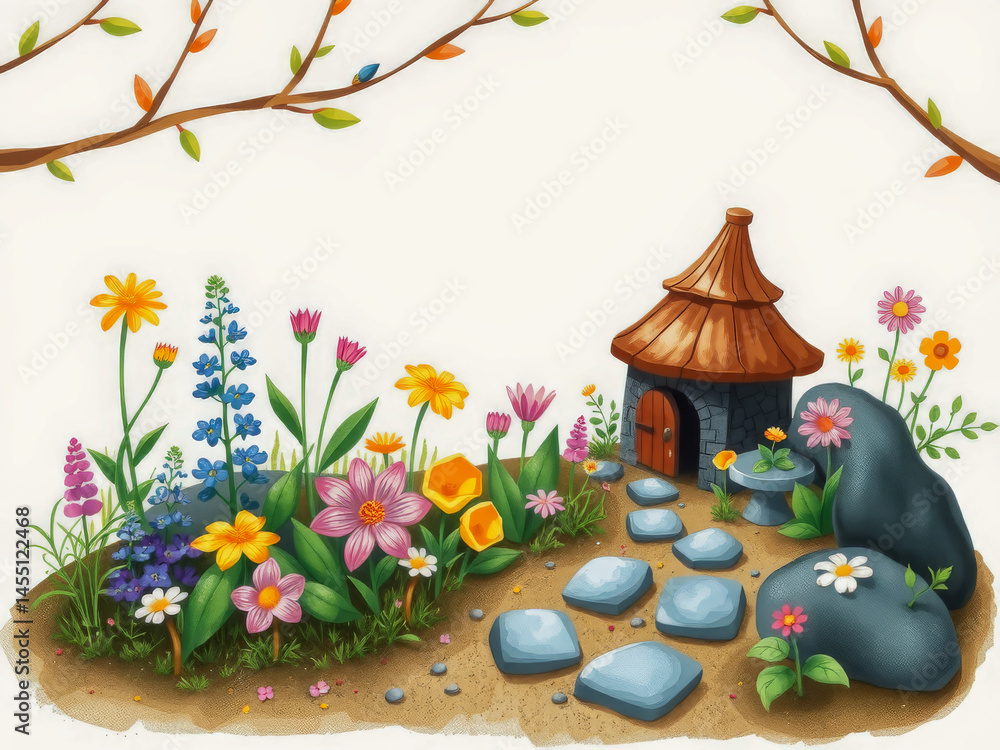 A colorful garden with a small house and a path. The garden is full of flowers and plants, and the house is made of wood. Scene is peaceful and serene, as it depicts a beautiful