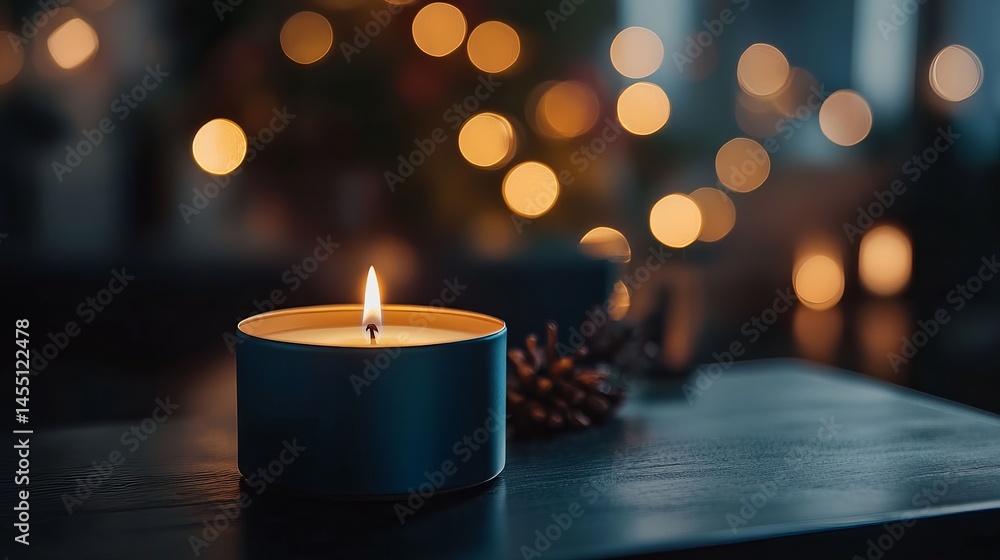 Burning teal candle on dark wood table festive bokeh background cozy winter atmosphere romantic new Burning teal candle on dark wood table festive bokeh background cozy winter atmosphere romantic new