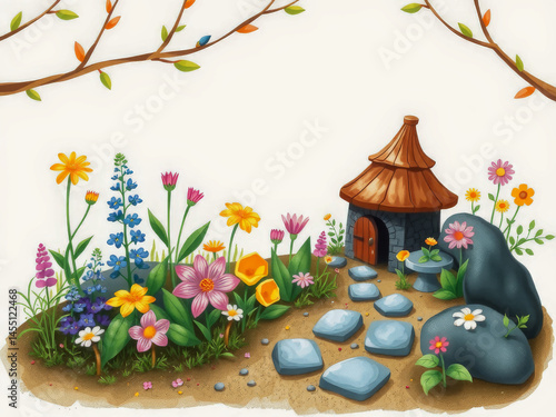 Obraz na płótnie A colorful garden with a small house and a path. The garden is full of flowers and plants, and the house is made of wood. Scene is peaceful and serene, as it depicts a beautiful w salonie
