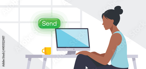 Remote Work and Online Collaboration, Man Working on Laptop with Video Call and Data Analysis Illustration 
