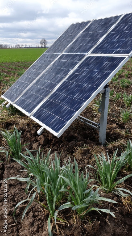Fototapeta premium Solar panel installation in a rural field, generating green energy on an overcast day for sustainability and environmental awareness.