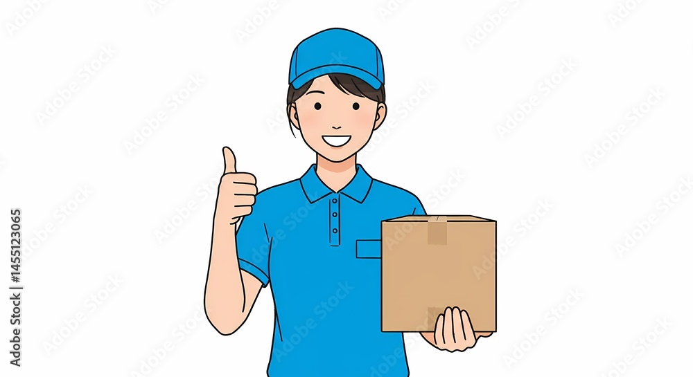 Enthusiastic delivery worker giving thumbs up while holding a package conveys efficiency and satisfaction in a streamlined illustration for logistics themed projects Enthusiastic delivery worker giving thumbs up while holding a package conveys efficiency and satisfaction in a streamlined illustration for logistics themed projects