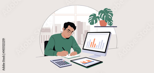 Young man working remotely on laptop with productivity growth chart, urban background and digital work concept
