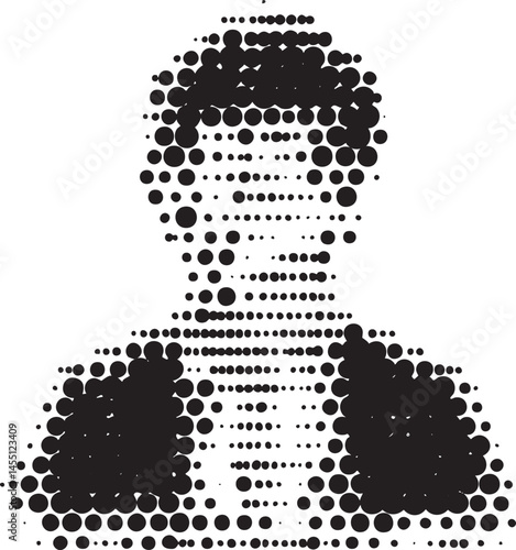 A stylized monochrome silhouette of a seated figure composed of numerous overlapping dots.