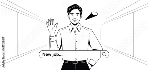 Black and white illustration of man holding clipboard and searching for a new job online, job hunting and career change concept
