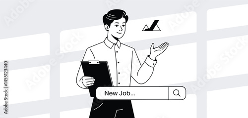 Black and white illustration of man holding clipboard and searching for a new job online, job hunting and career change concept
