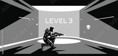 Tactical Military Operation, Silhouettes of Armed Soldiers in Combat Simulation Room Illustration 
