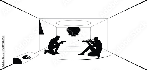Tactical Military Operation, Silhouettes of Armed Soldiers in Combat Simulation Room Illustration 
