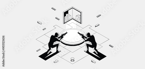 Tactical Military Operation, Silhouettes of Armed Soldiers in Combat Simulation Room Illustration 
