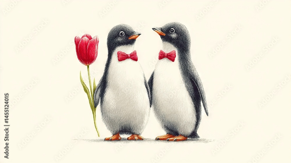 Obraz premium A pair of penguins stand together, a tulip in the foreground and a red tulip behind