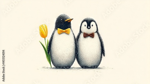   Two penguins stand together with a tulip in front and a yellow tulip behind