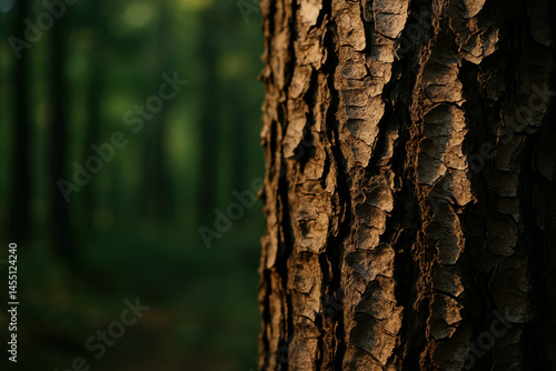 Textured Tree Bark: A close-up shot of textured tree bark. Capturing the intricate details and patterns, with a blurred forest background to add depth.