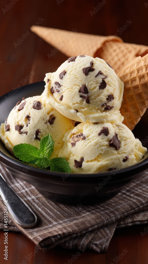 Three scoops of vanilla chocolate chip ice cream in a black bowl with a cone and mint garnish, set on a brown plaid napkin. Three scoops of vanilla chocolate chip ice cream in a black bowl with a cone and mint garnish, set on a brown plaid napkin.